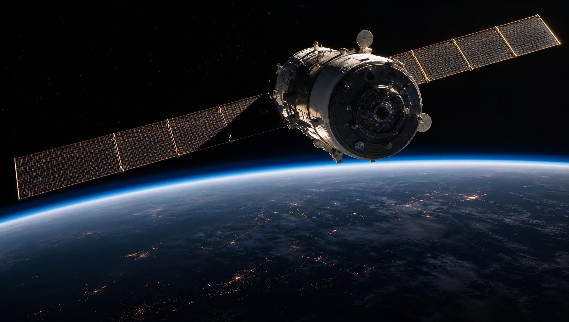 Spacecraft module in low Earth orbit above the illuminated curve of the planet